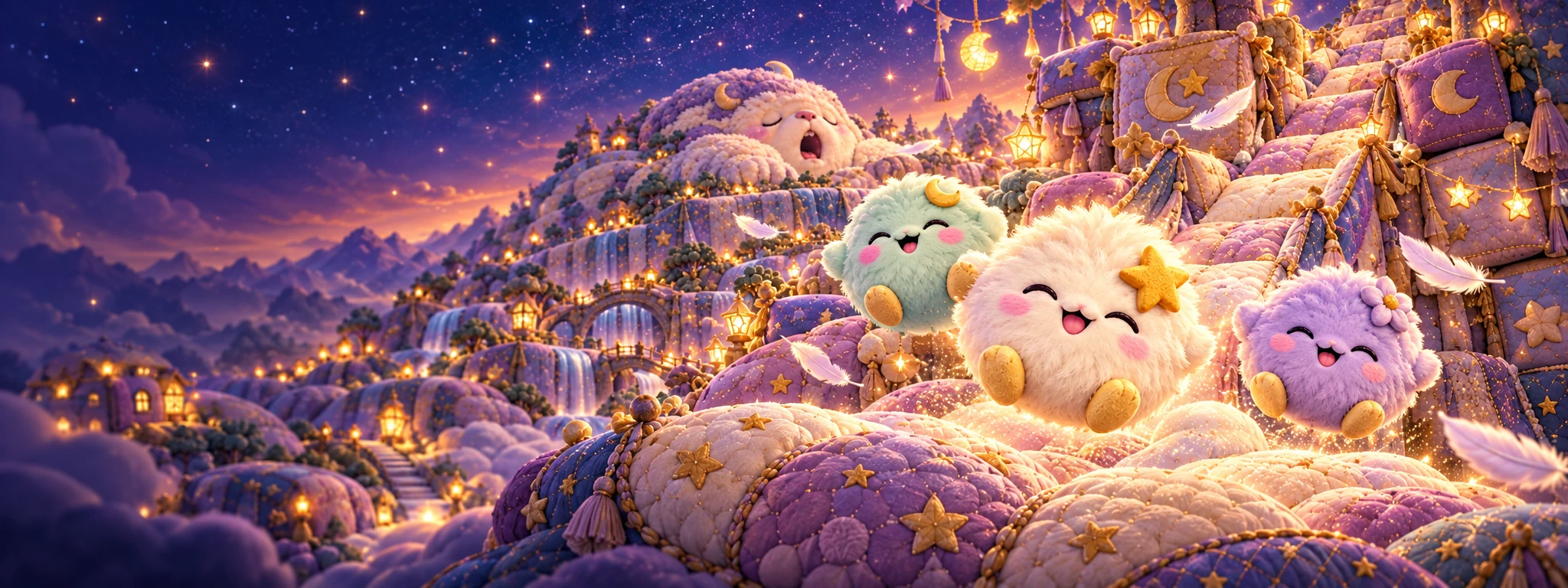 Pip and two fluffy Snugs hop down a pillow castle. Beyond them, a giant sleeps on a cliff in a valley of blankets.